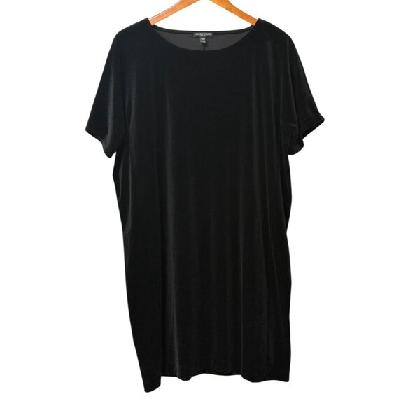 Eileen Fisher System Black Velvet Shift Dress Short Sleeve Knee Length Size PL - Picture 6 of 6